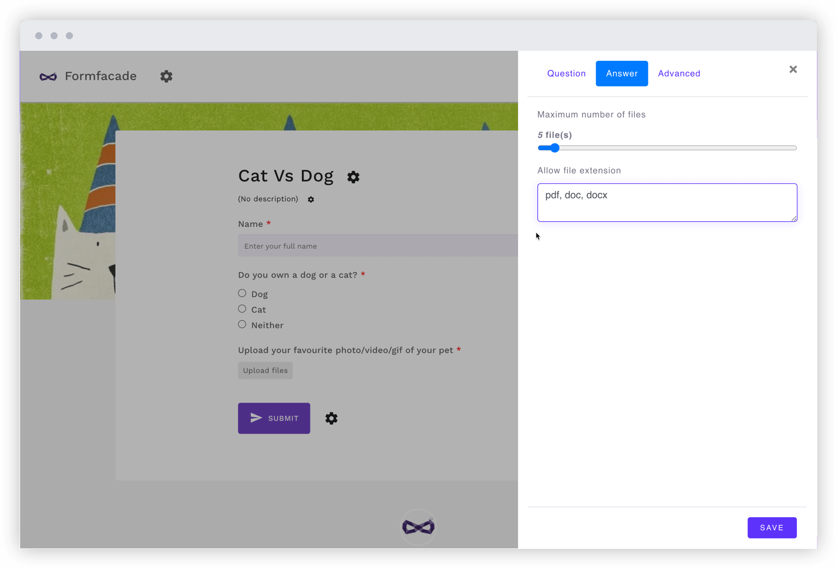 Restrict uploads to accepted file types and max number of files allowed