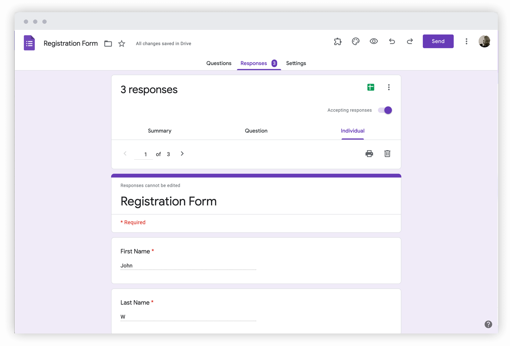 View forms responses by question, person, or summary of the form responses in Google Forms